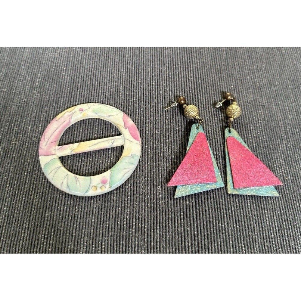 Vintage T-Shirt Clip Tie Ring & Geometric Earrings Teal Pink Costume Jewelry